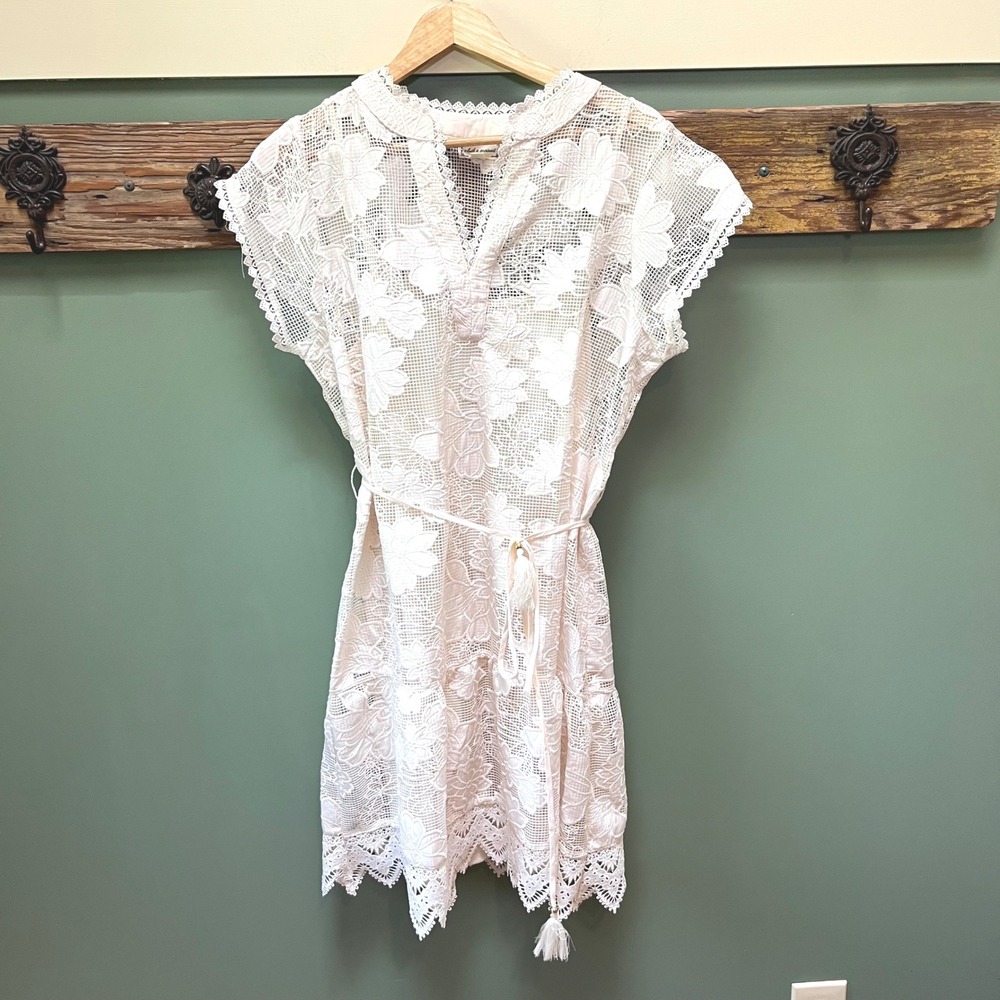 Cloth & Portrait‎ Ivory Floral Lace Mini Dress Split V-Neck Tassel Tie Large